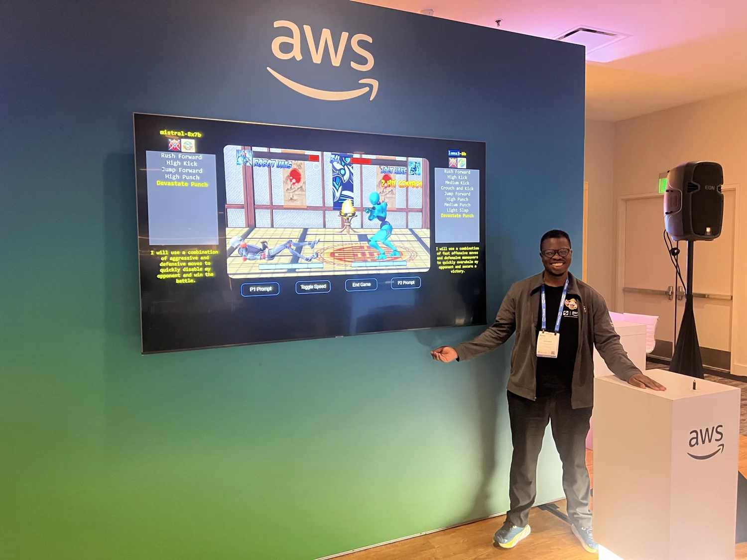 Banjo demonstrating Model Brawl League at an AWS event