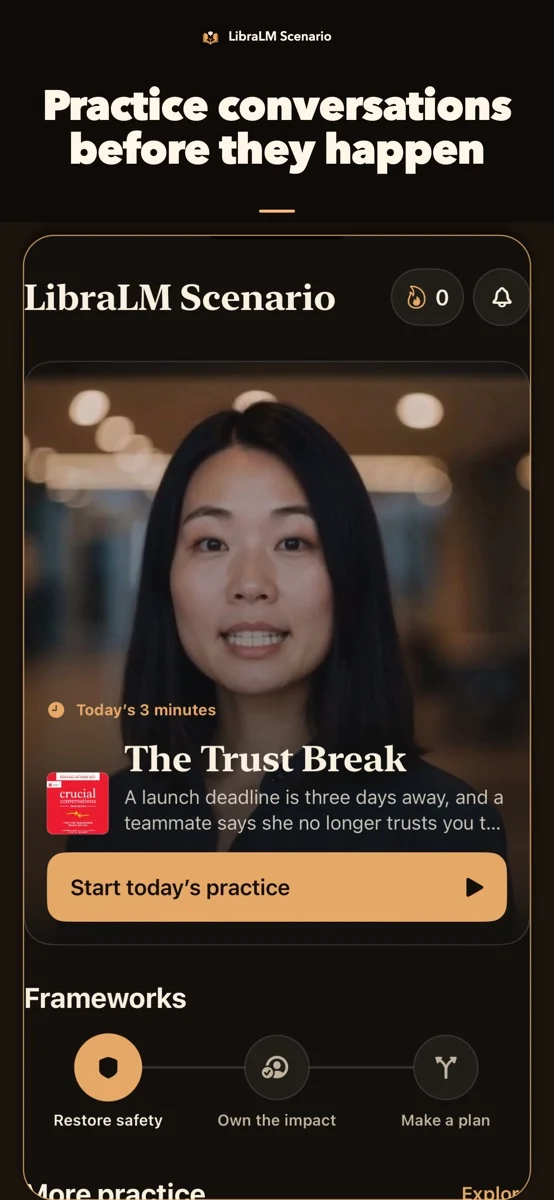 LibraLM Scenario screenshot: Practice conversations before they happen