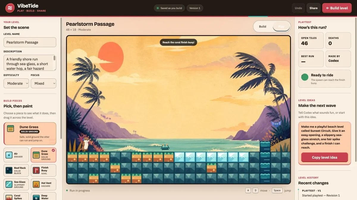 VibeTide Live screenshot showing a playable platformer level and its editor